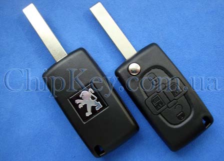 Peugeot выкидной ключ (корпус) 4 кнопки, лезвие HU83T, с креплением для батарейки