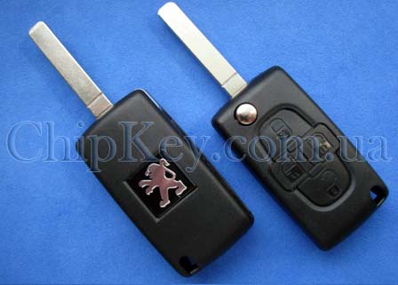 Peugeot выкидной ключ (корпус) 4 кнопки, лезвие VA2, с креплением для батарейки